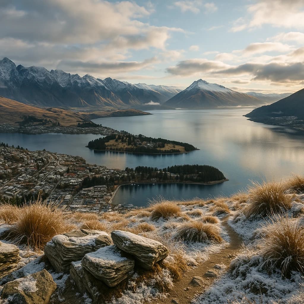 Queenstown's Lake Wakatipu, viewed from the top of Queenstown Hill after a snowstorm just dusted the top of Cecil's Peak