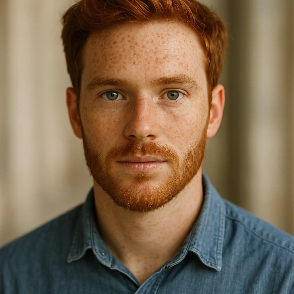 Shoot a natural light headshot of a red-haired man with freckles, green eyes.