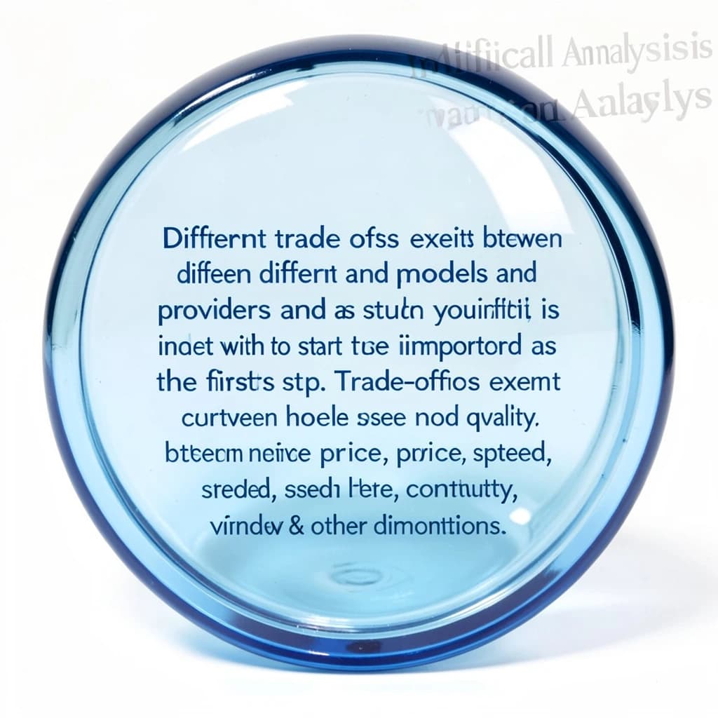 In a clear transparent blue glassy rounded box, etch "Different trade offs exist between different models and providers and as such, it is important to start with how you intend to use the model as the first step. Trade-offs exist currently between model quality, price, output speed, latency, context window & other dimensions. " in sans serif medium weight text. Artificial Analysis is watermarked over the top right 