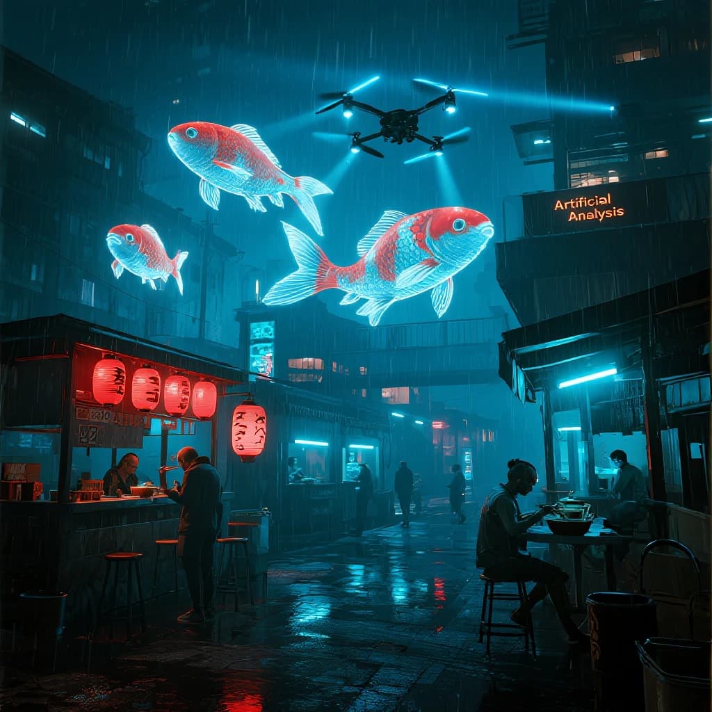 A neon alley in Neo-Tokyo 2142 drips with rain Cybernetic patrons slurp ramen at a stall with their glowing implants humming with blue light. Three giant holographic koi hover 10 metres above the ground and swim across the skyline, one has clipped into a building. A six-prop drone hovers nearby, projecting "Artificial Analysis" onto a wall with blue laser beams visible