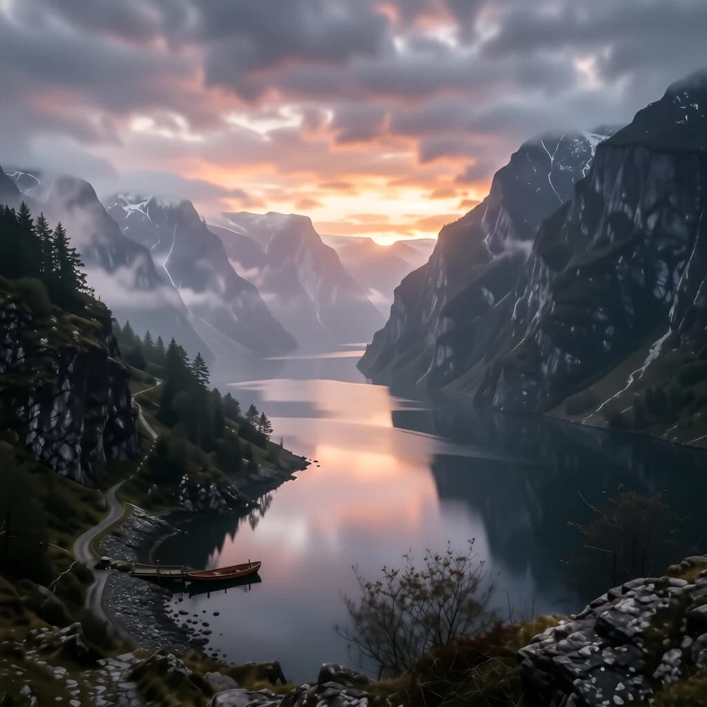 Frame a foggy fjord at sunrise, cliffs looming.
