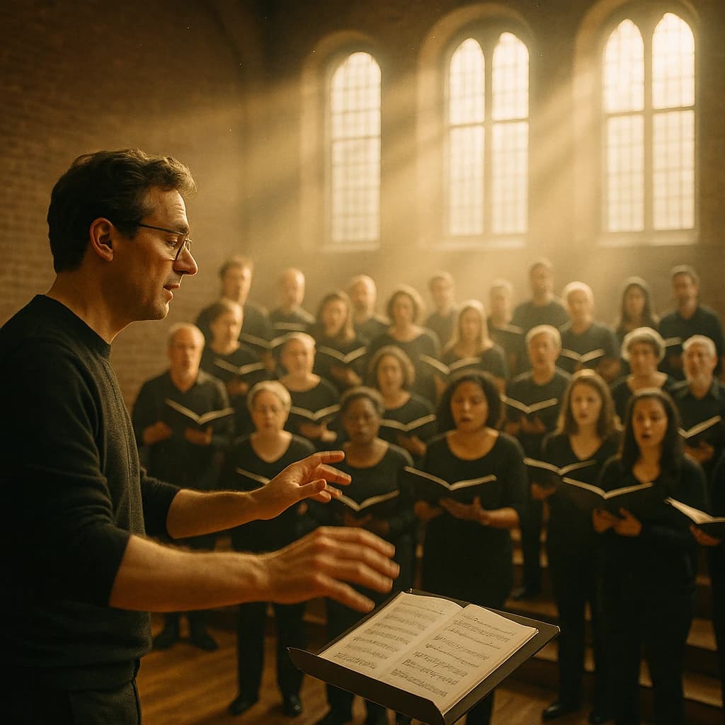 A choir rehearses in a brick hall as somewhat dramatic morning light falls through high windows, with a patient conductor mid-gesture, open scores, intent faces, slight motion blur.