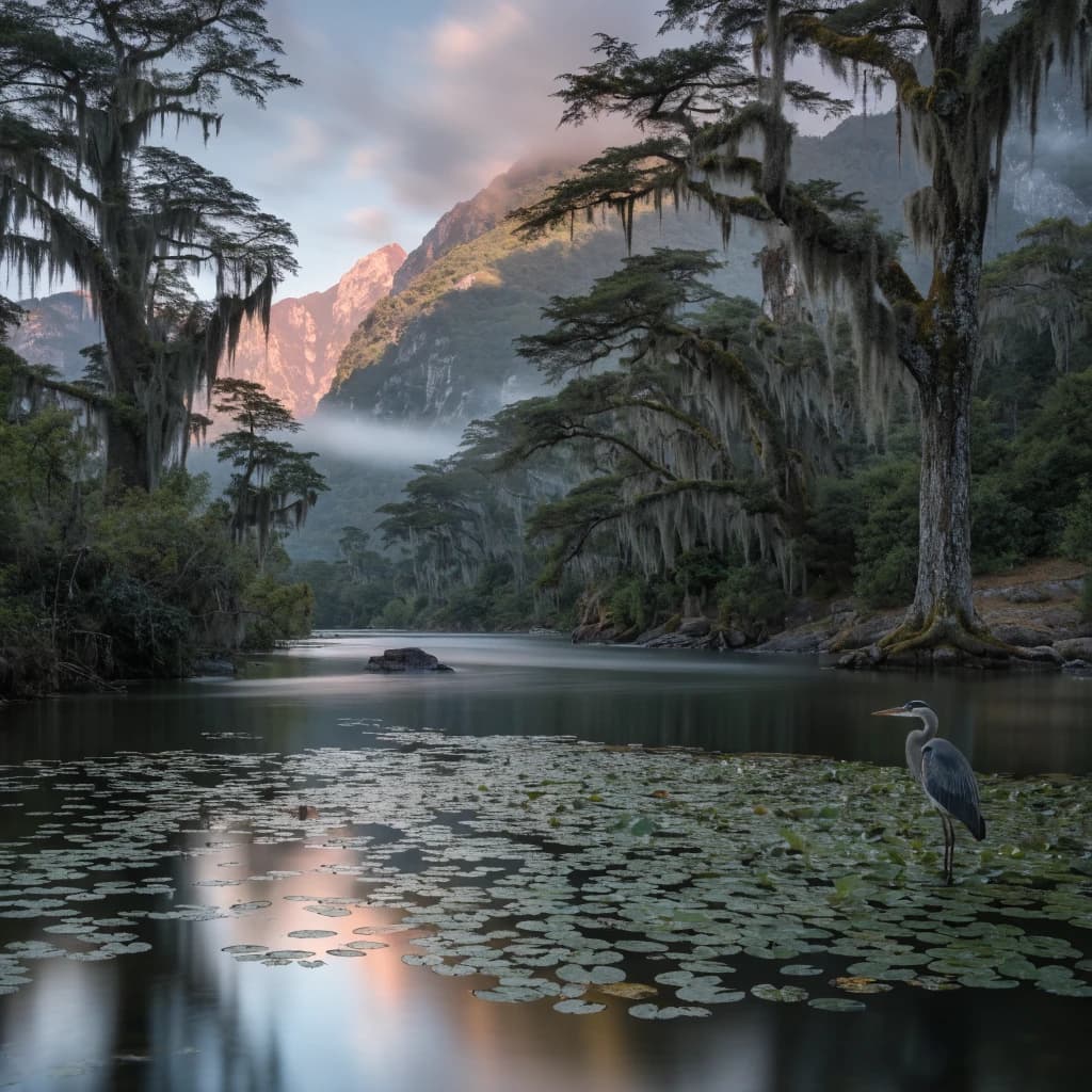 With pre-dawn mist along a cedar forest river and glassy water dotted with lily pads, distant mountains blush pink, and a heron stands still like it forgot what to do next.