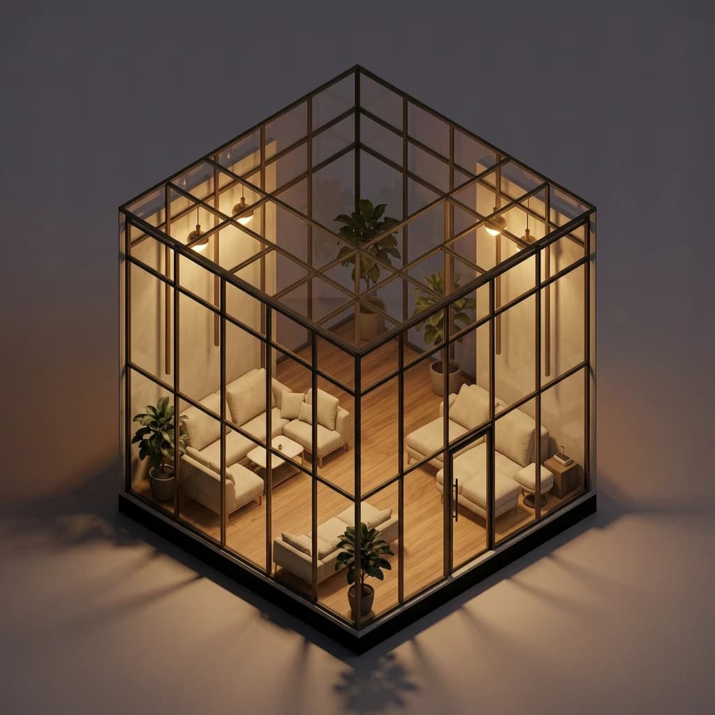 Isometric 3D lobby, glass walls, warm lights, slightly moody, soft shadows.
