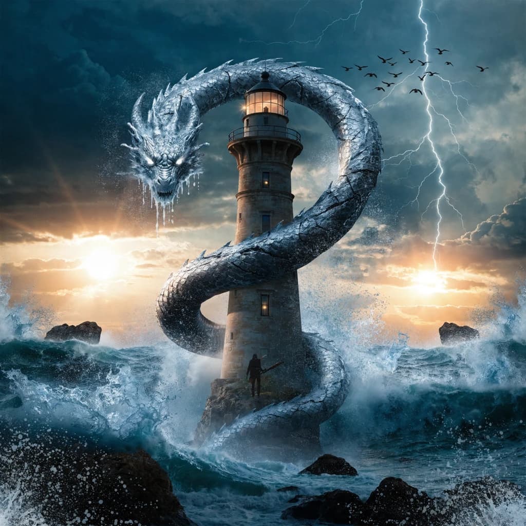 A dragon of molten silver coils around a lighthouse. The storming sea below crashes upward in frozen stillness, as though caught mid-motion. The dragon’s molten eyes drip tears of ice. On the horizon, two suns set next to each other, casting orange light on one side of the tower and blue on the other. A cloaked traveler carries an ancient weapon in his left hand and a scroll in his right.