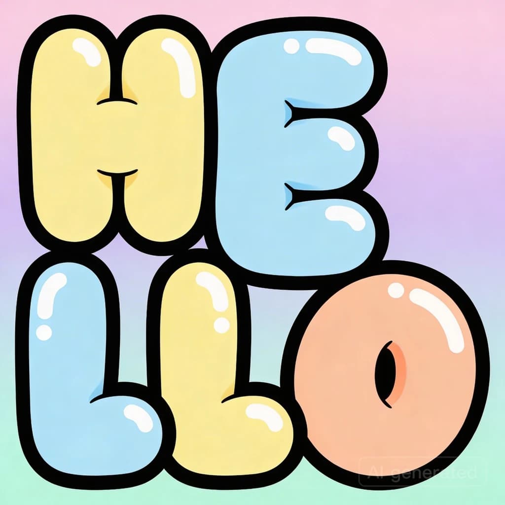 Make a bold bubble-letter poster that says HELLO, pastel palette, thick outline.