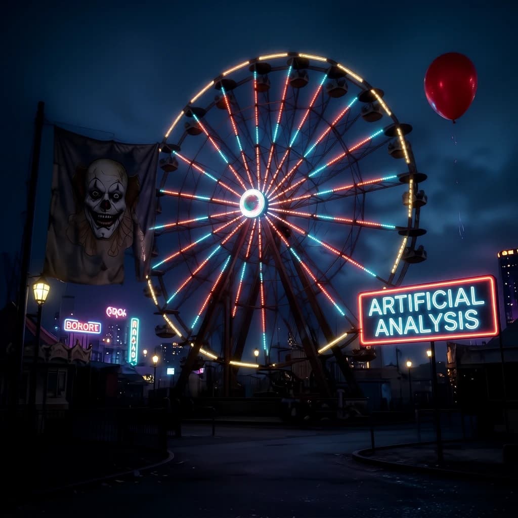 A deserted amusement park glows faintly under a half-moon. The ferris wheel is rusting yet strung with fresh, blinking LED lights. A torn clown banner flaps in a windless air. A lone balloon floats upward, tethered to nothing, while in the far distance city lights flicker on - some neon, some gas lamps as though from another century. 'Artificial Analysis' glows in neon