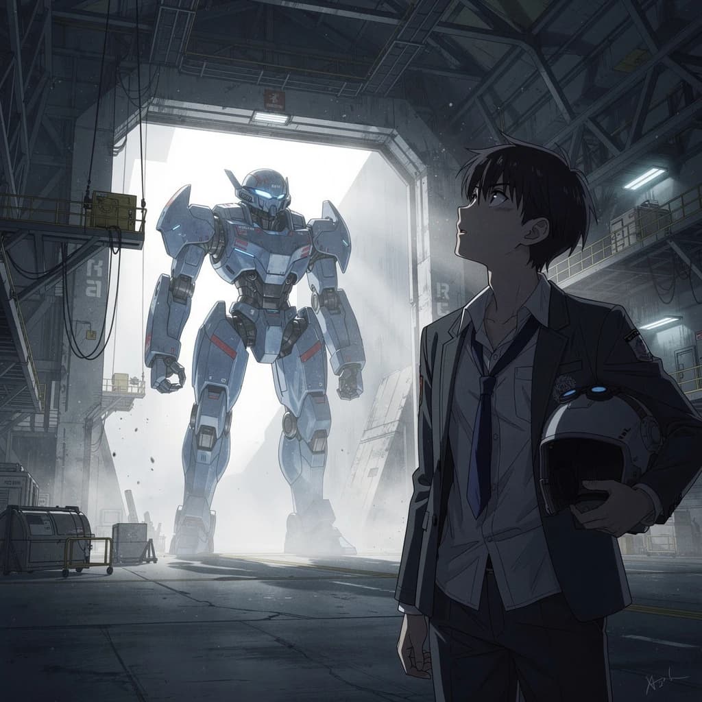 A teenage pilot grips his helmet under one arm, standing at the edge of a glowing hangar bay. Before him looms a sleek, steel-blue mech, its eyes lit with a cold electric glare. His school uniform is rumpled, a sharp contrast to the machine’s flawless plating. The vast scale engulfs him in shadow, emphasizing both awe and dread. Hand-drawn anime style.