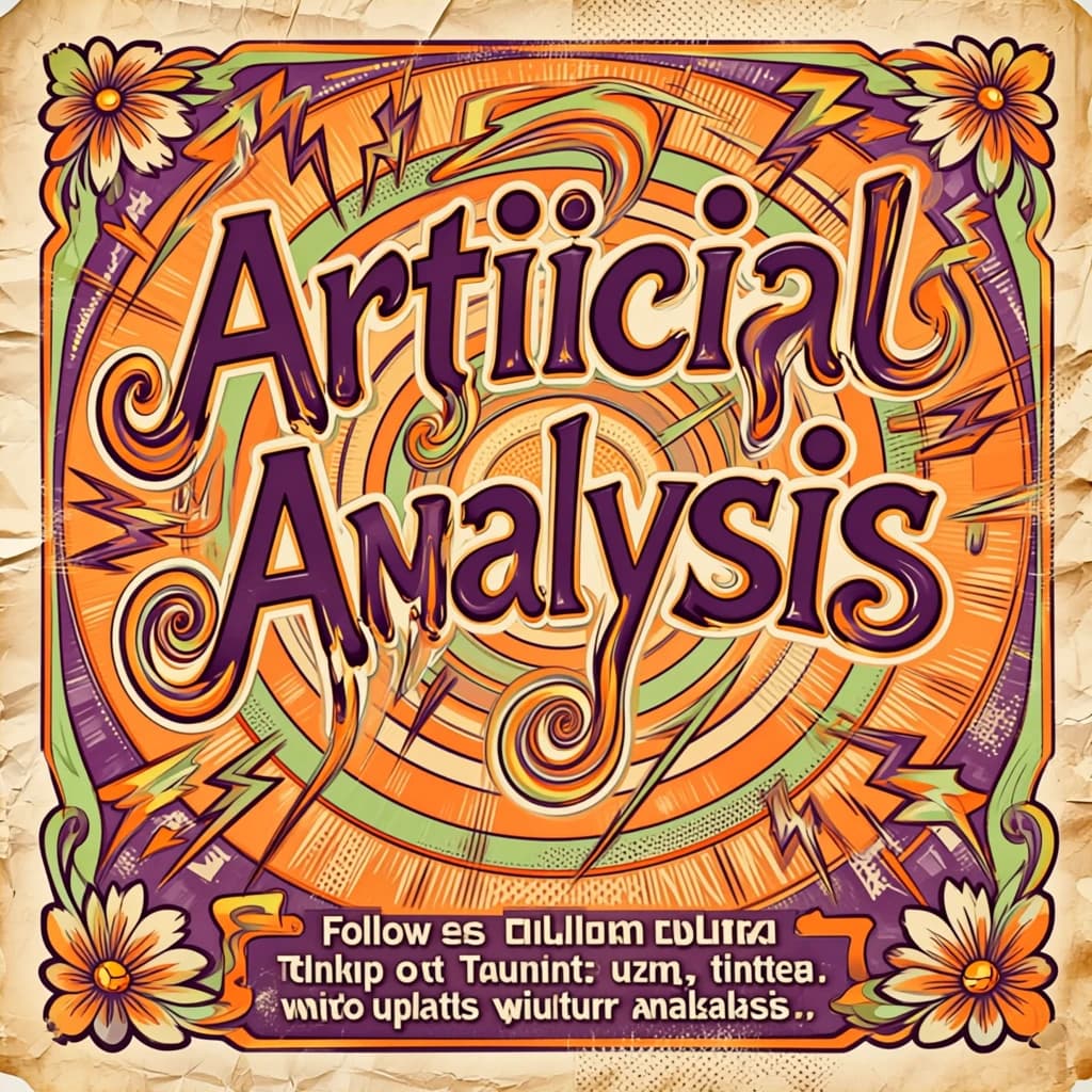 A portrait layout psychedelic concert poster from 1972 bathed in saturated oranges, deep purples, and acid greens. Swirling, hand-drawn typography arcs across the top, spelling out Artificial Analysis in bold, distorted letters that melt into spirals. Surrounded by radiating concentric circles and lightning-bolt motifs. The background is textured with halftone dots and faded paper creases, evoking a well-worn poster taped to a brick wall. Ornate floral borders frame the design, while the bottom features blocky retro lettering listing “Follow us on Twitter or LinkedIn to stay up to date with future analysis” in smaller text. 