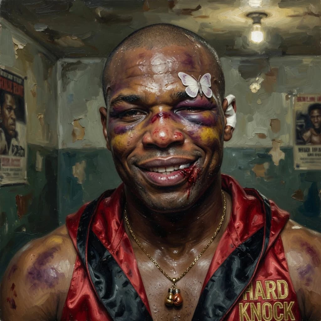 Paint a bruised boxer smiling, serious expression.