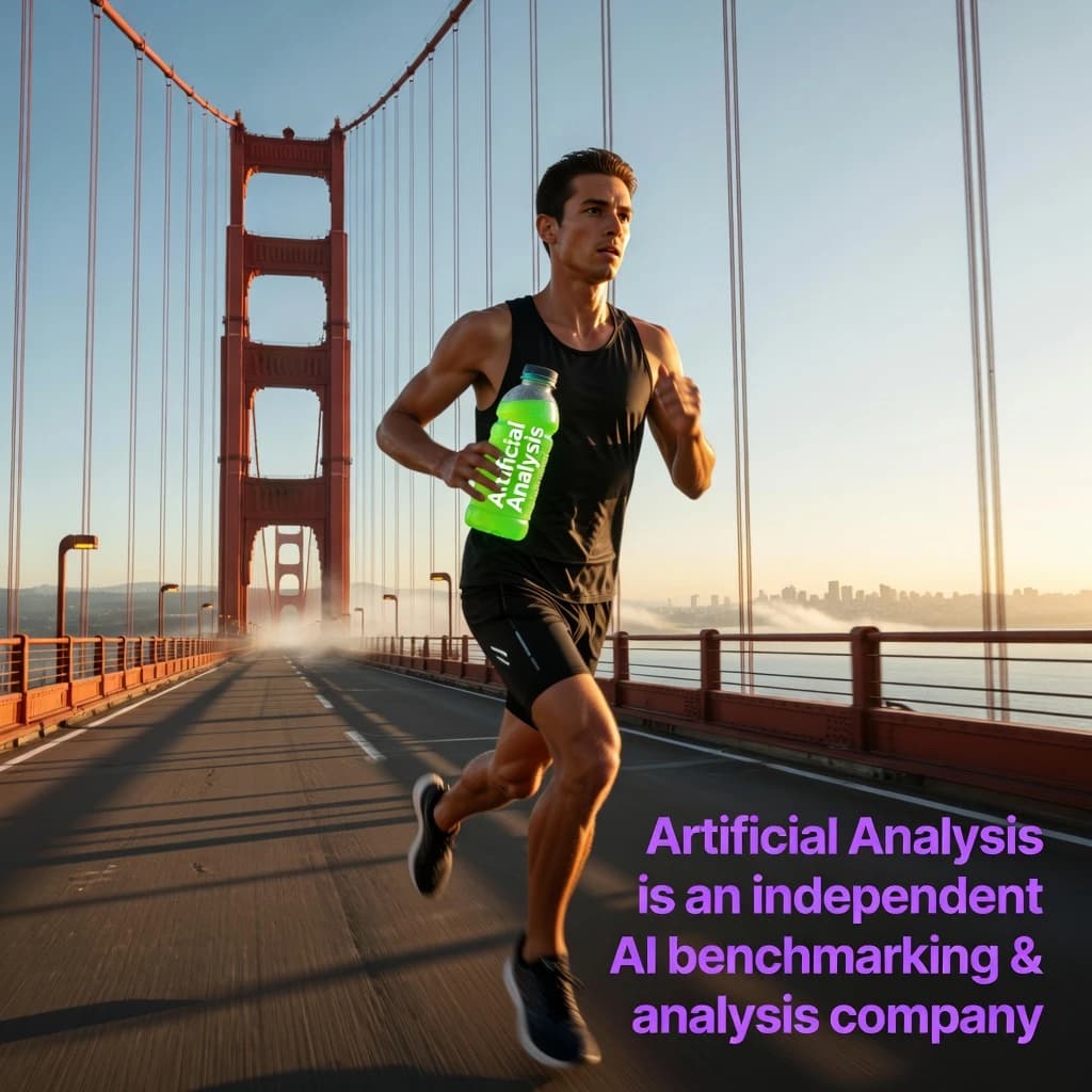 A runner dashes across the Golden Gate Bridge at dawn, sunlight streaming between cables. In their hand, they carry a neon-green sports drink with the brand name Artificial Analysis splashed boldly across the bottle. Motion blur emphasizes speed, while crisp purple sans serif typography overlays the bottom right of the scene with the tagline: Artificial Analysis is an independent AI benchmarking & analysis company