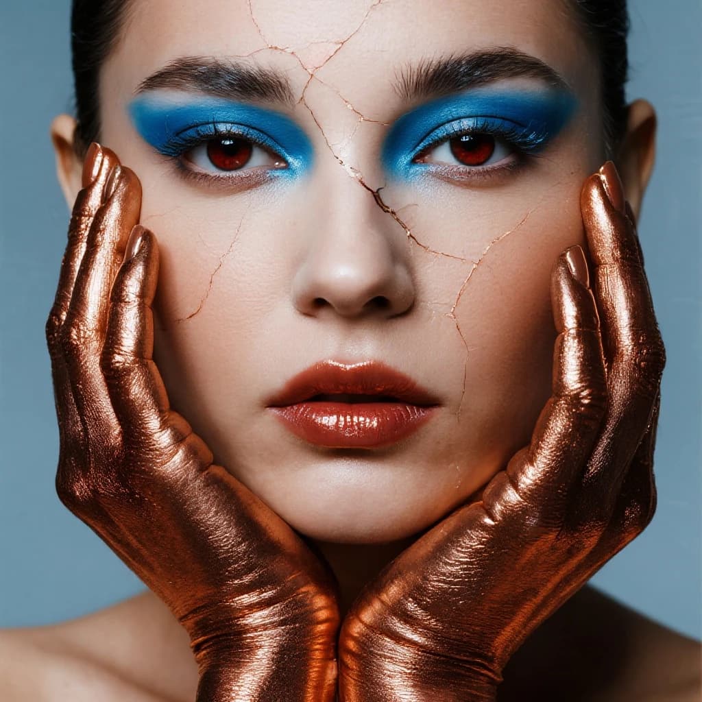 A striking close-up portrait of a woman with cracked metallic copper-painted hands framing her face. Her vivid blue and red eye makeup contrasts sharply with the smooth, pale skin and muted background, creating a bold, surreal composition. She displays an air of uncertainty about her
