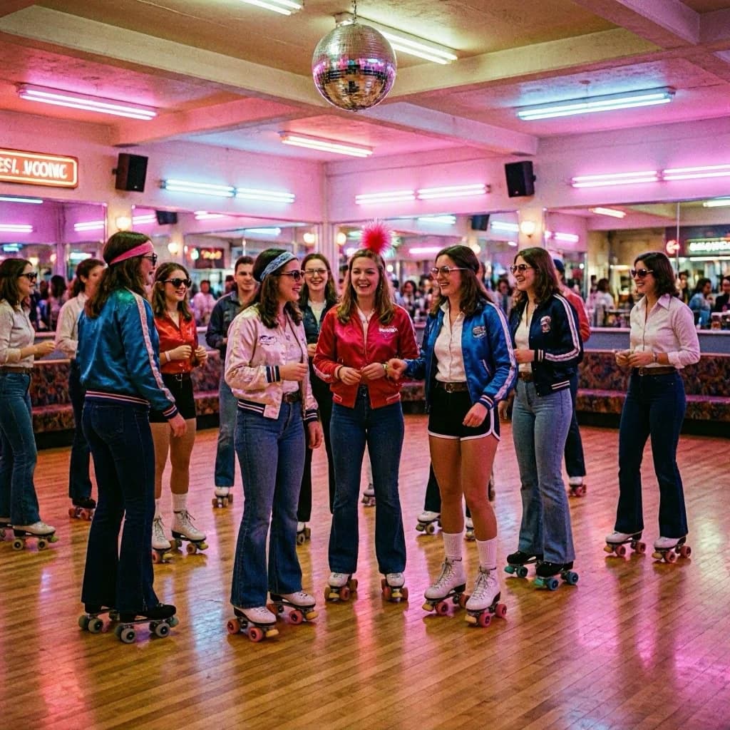 A 1970s roller rink crowd skates under neon, with a bit of fade and film grain.