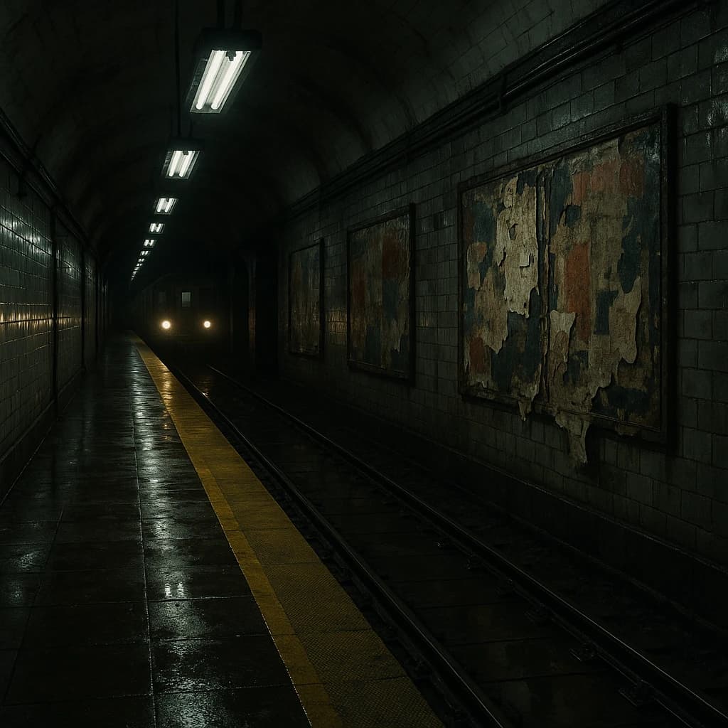 A subterranean subway platform with glossy tiles, peeling posters, flickering fluorescent lights, yellow safety line, and a distant train coming; slightly damp, echoes carry.