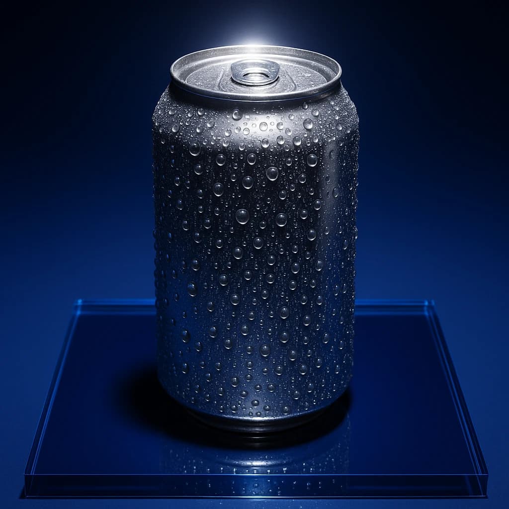 A close-up ad shot of sparkling soda can on glossy acrylic, harsh top light.