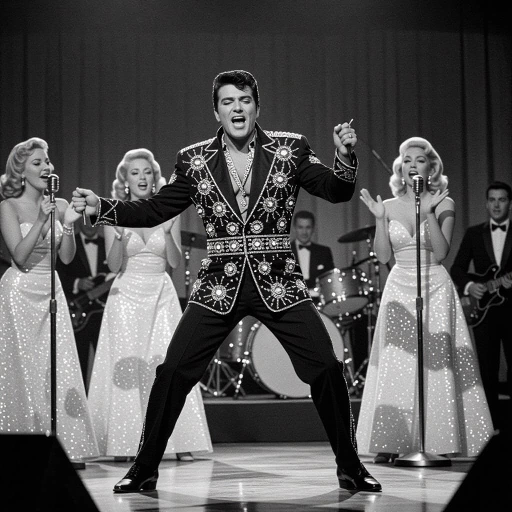 An archival image from 1953 of the rock singer swinging his hips on the stage while glamorous back up singers feign shock at his gyrations! He wears a diamond encrusted jacket with the stones arranged in the shape of a heart