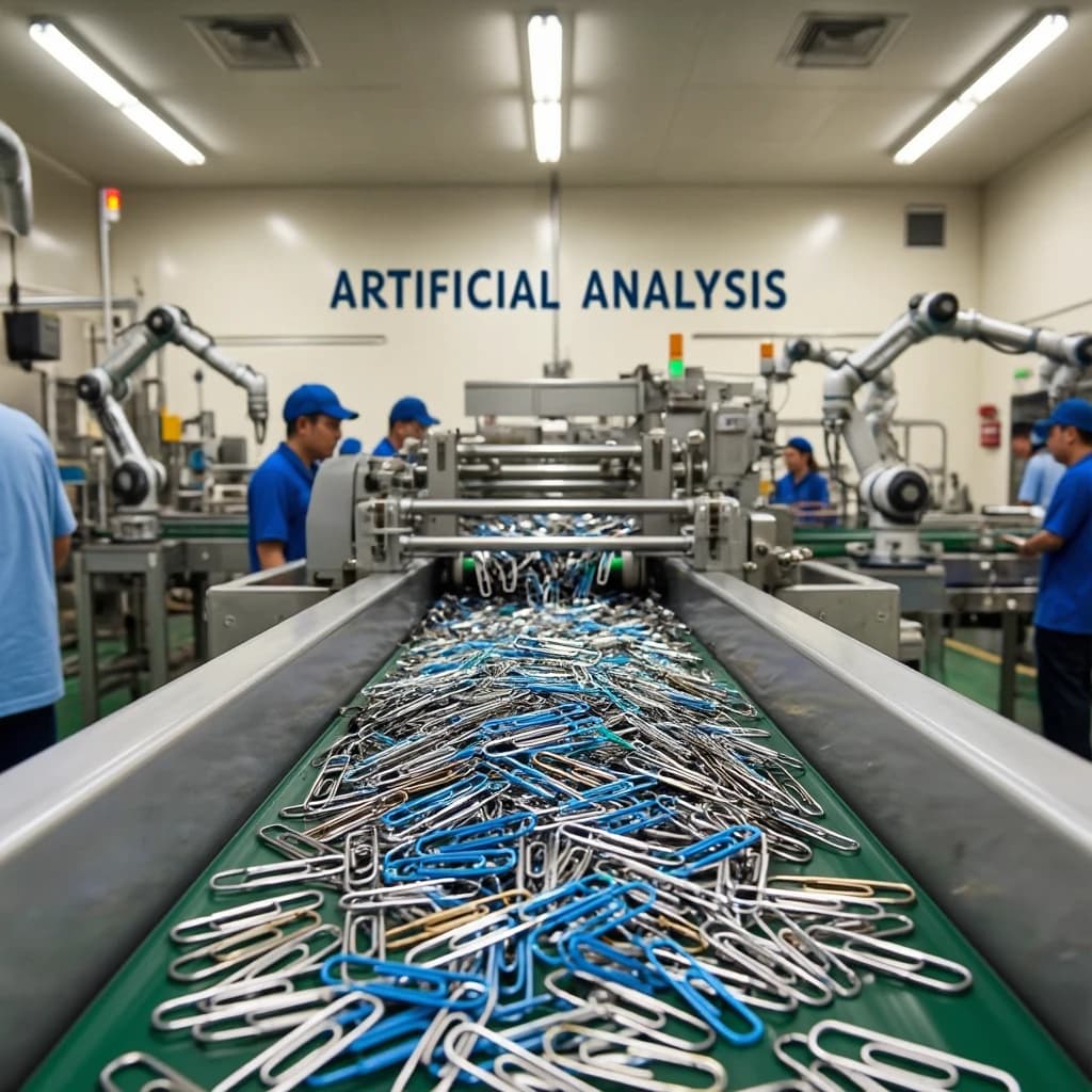 Close up point of view perspective on a conveyor belt pumping out paperclips at a maddening pace. The high tech factory has Artificial Analysis printed proudly on the wall. Robot staff look approvingly over the robust output.