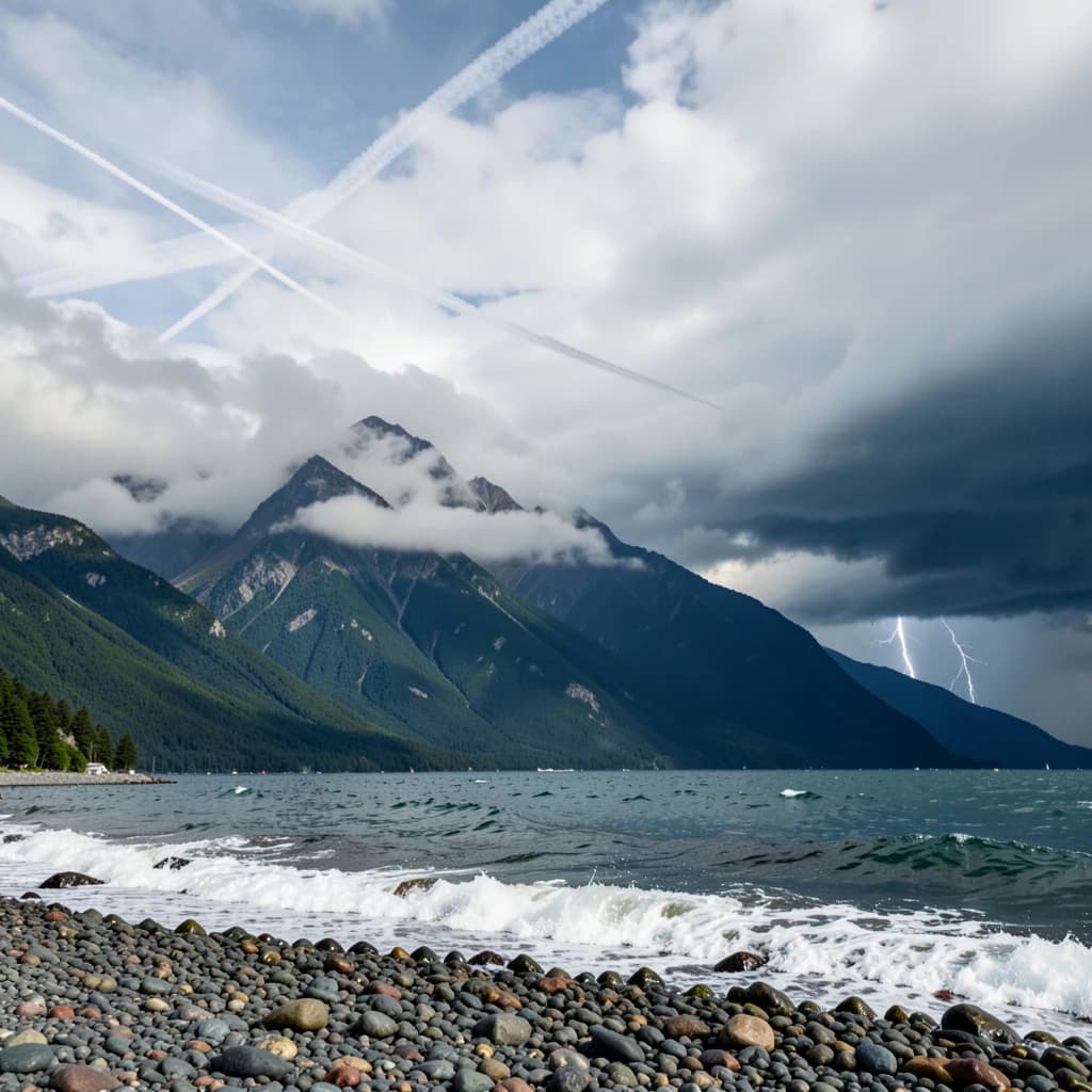 A stunning mountain vista pokes through the cloud top. Contrails from a distant airplane linger in the air. In the foreground there is a stony beach with foamy seas. A thunder storm is visibile in the distant right.