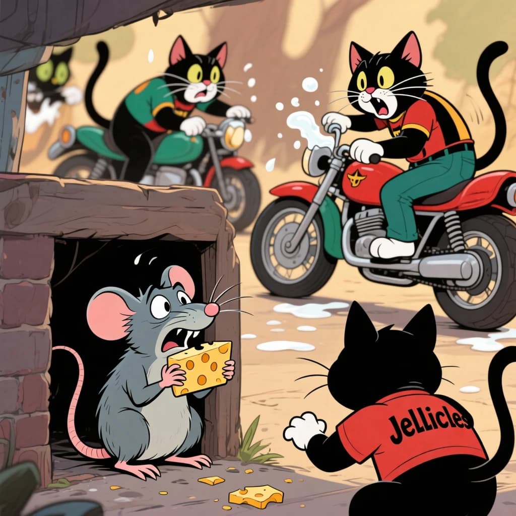 The cartoon rat clenches his thin wedge of cheese and trembles in fear as he hides from the menacing Jellicles, the roaming cat motorcycle gang, all wearing their colors with the name on the back. The cats have all drunk far too much milk and are causing a big ruckus! One cat is close to finding the rat
