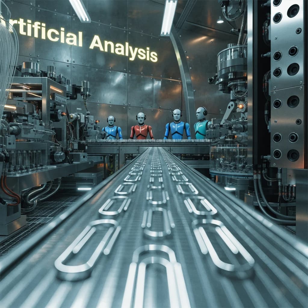 Close up point of view perspective on a conveyor belt pumping out paperclips at a maddening pace. The high tech factory has Artificial Analysis printed proudly on the wall. Robot staff look approvingly over the robust output.