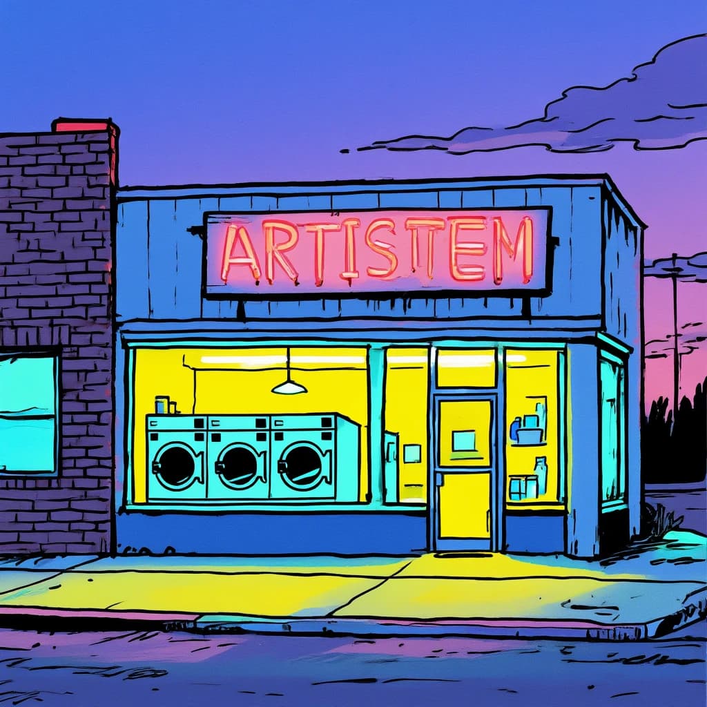 A cozy laundromat at dusk, neon humming, flat colors, bold inked lines.