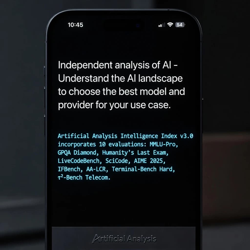 On a black smartphone UI with rounded corners, display a centered text block in white San Francisco font, 16pt: “Independent analysis of AI - Understand the AI landscape to choose the best model and provider for your use case.” Below, in neon cyan, monospace font, smaller size: “Artificial Analysis Intelligence Index v3.0 incorporates 10 evaluations: MMLU-Pro, GPQA Diamond, Humanity's Last Exam, LiveCodeBench, SciCode, AIME 2025, IFBench, AA-LCR, Terminal-Bench Hard, 𝜏²-Bench Telecom.” The second block scrolls horizontally as a ticker. The battery icon in the status bar shows 54%. The Artificial Analysis logo appears faintly, embossed into the bottom navigation bar.