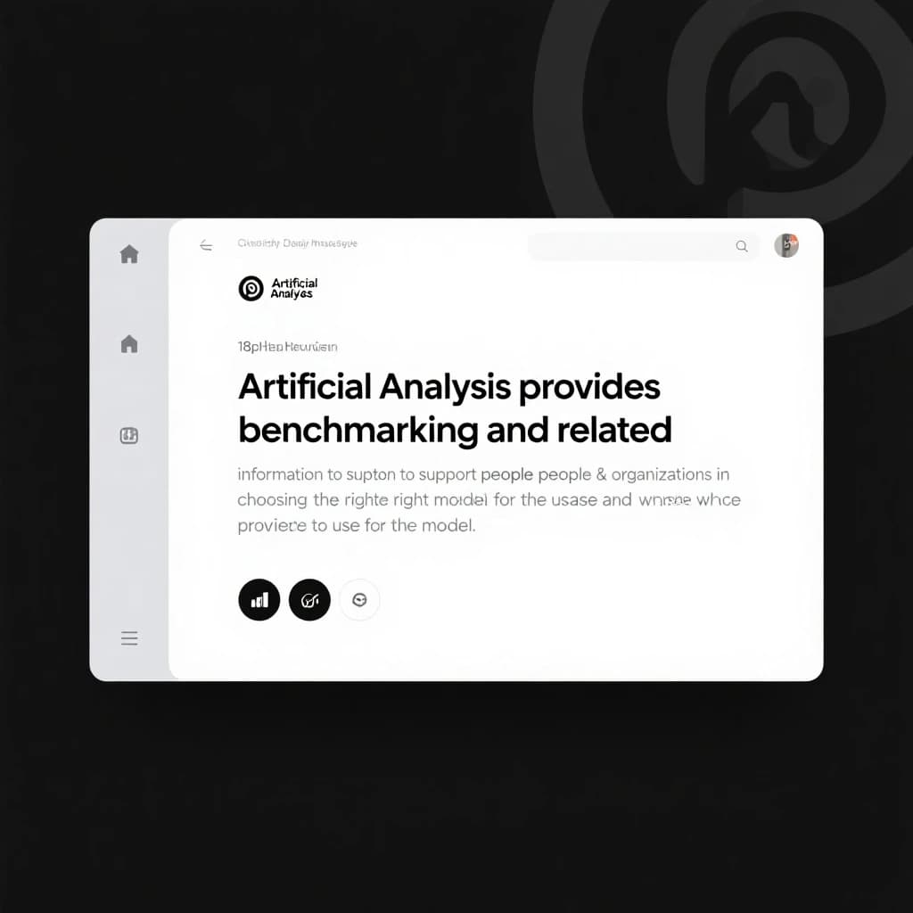 On a high-resolution dashboard mockup with a clean white background, display a centered text module in Helvetica Neue Regular, 18pt, black: “Artificial Analysis provides benchmarking and related information to support people & organizations in choosing the right model for their use-case and which provider to use for that model.” The text box is justified, but the final word wraps awkwardly onto its own line. To the left, a vertical navigation bar in light gray with three icons - home, chart, and settings - aligned evenly but casting misaligned shadows. In the upper right, the Artificial Analysis logo appears faintly, semi-transparent, watermarked over the corner of the interface.