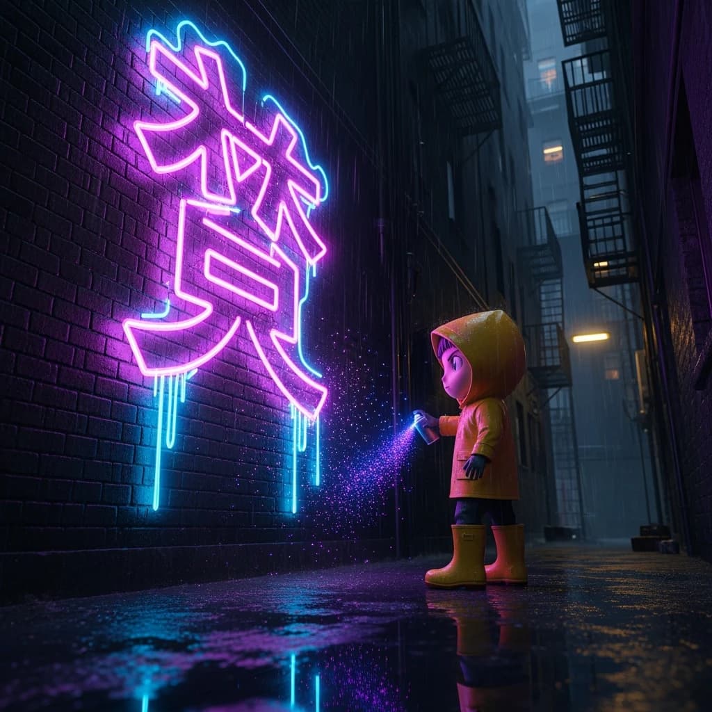 Chibi artist sprays huge neon kanji on a rainy alley wall, with sparkles.