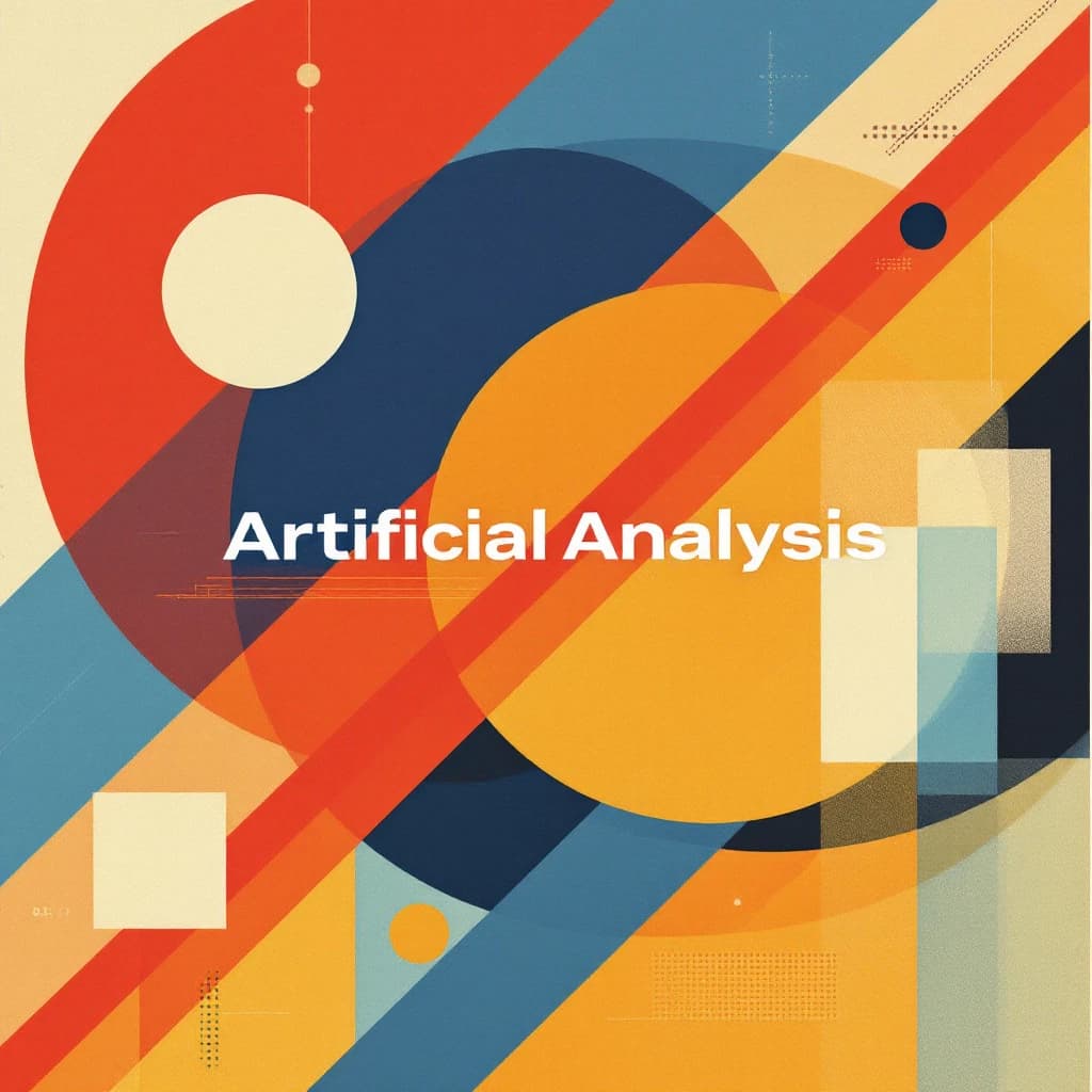 A bold poster composition dominated by flat geometric shapes in crimson, cobalt, and ochre. Overlapping circles and sharp diagonal lines create dynamic tension across the frame. A single sans-serif word — Artificial Analysis — stretches across the center in stark white, distorted slightly as though caught mid-glitch. The background is textured with halftone dots and faint grid lines, while subtle overlays of translucent rectangles suggest depth. Designed in the spirit of modernist Swiss typography fused with digital glitch aesthetics.