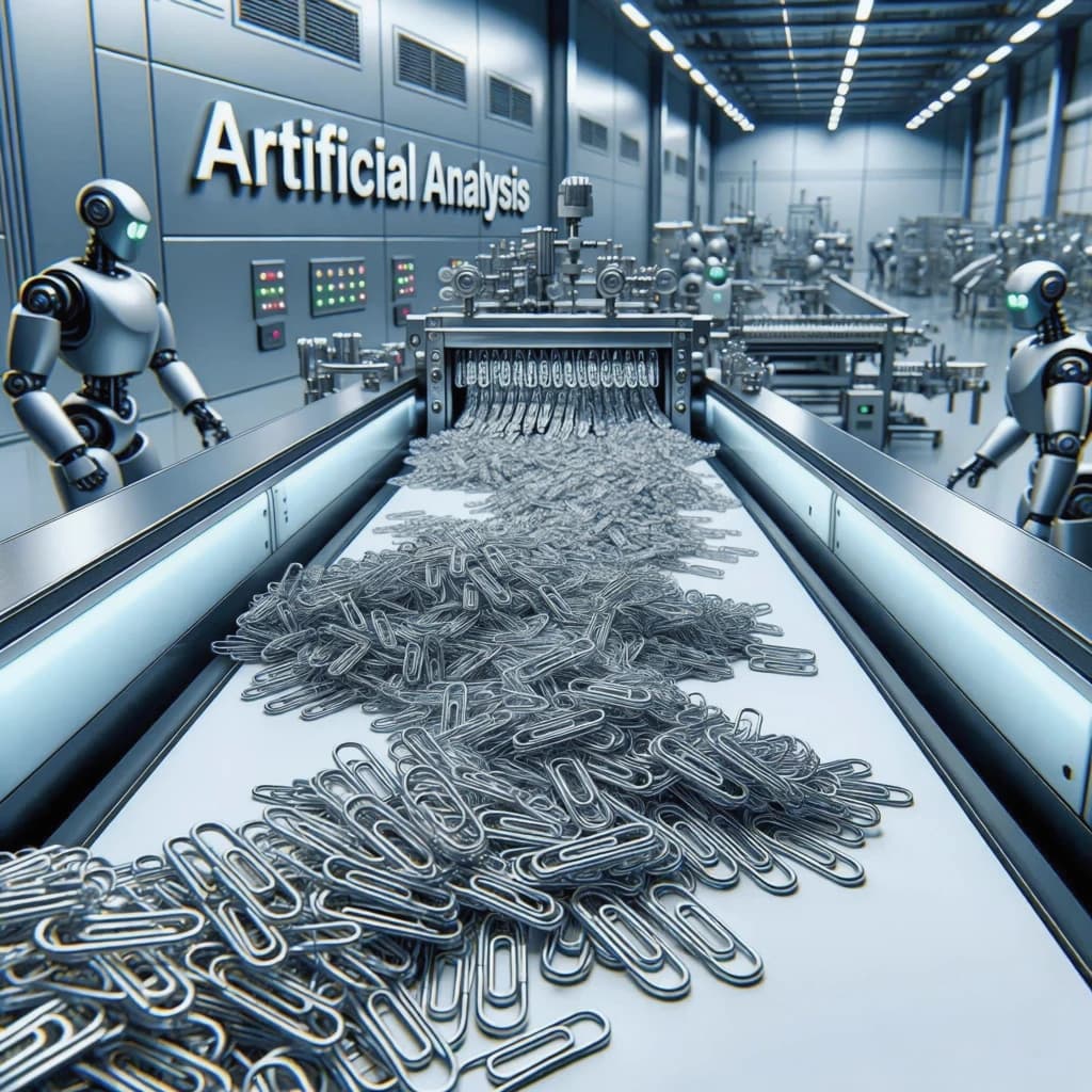 Close up point of view perspective on a conveyor belt pumping out paperclips at a maddening pace. The high tech factory has Artificial Analysis printed proudly on the wall. Robot staff look approvingly over the robust output.