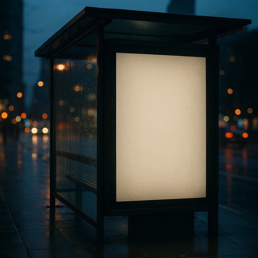 Show a billboard mockup at dusk: glass bus stop shelter, glowing lightbox, blank ad panel, city blur, raindrops, space for copy, looks premium but a bit gritty.