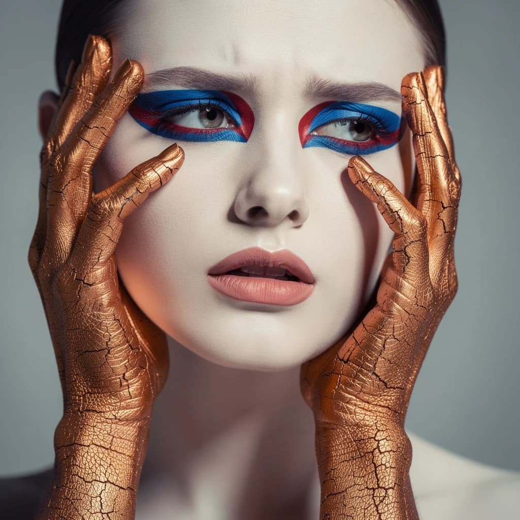 A striking close-up portrait of a woman with cracked metallic copper-painted hands framing her face. Her vivid blue and red eye makeup contrasts sharply with the smooth, pale skin and muted background, creating a bold, surreal composition. She displays an air of uncertainty about her