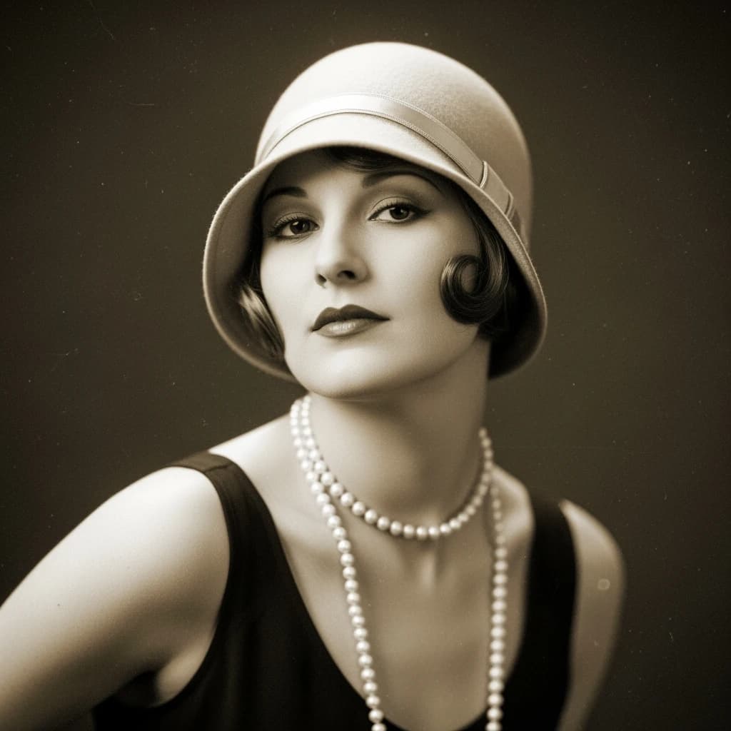 Sepia-toned studio portrait of a flapper with pearl necklace, soft grain.