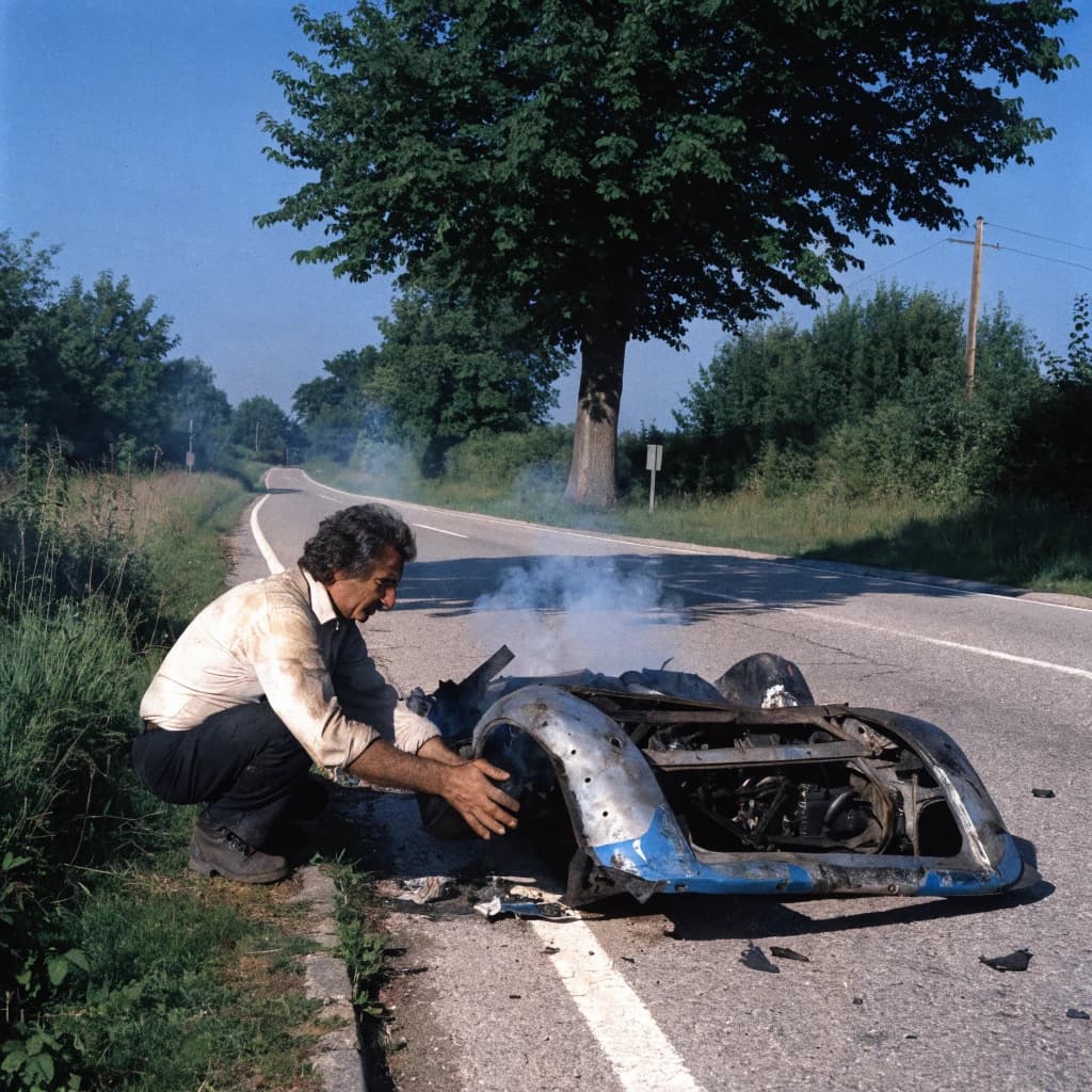 Mario examines the still smouldering wreck of the crash that took his best driver on the side of the country road. He designed this car and caused this. 3 days have passed since the crash. It's 1973 in Northern Italy.
