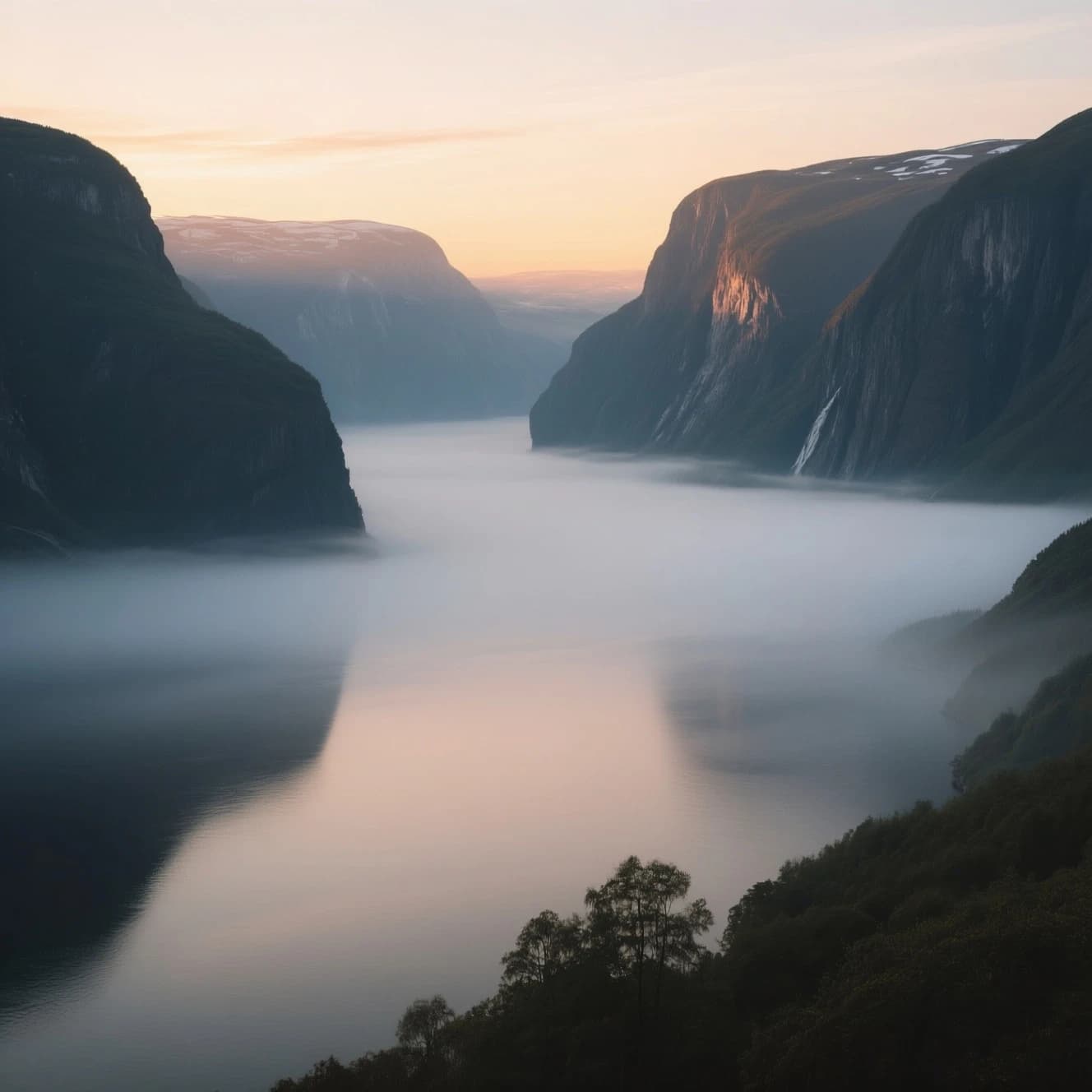 Frame a foggy fjord at sunrise, cliffs looming.
