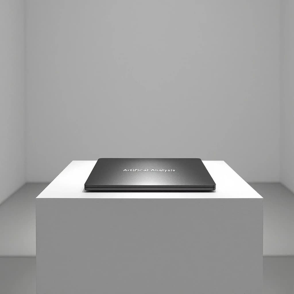 A premium matte black laptop-sized box rests on a pure white pedestal within a gallery space. Overhead, a single spotlight carves sharp contrast, leaving the edges in deep shadow. The brand name Artificial Analysis is embossed in silver foil, glinting faintly as though it were jewelry.