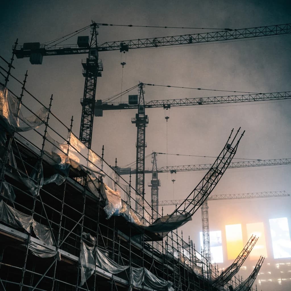 A construction site stretched upward into fog, cranes frozen in silhouette. Wind rattled scaffolding draped with torn mesh that glowed faintly from nearby billboards