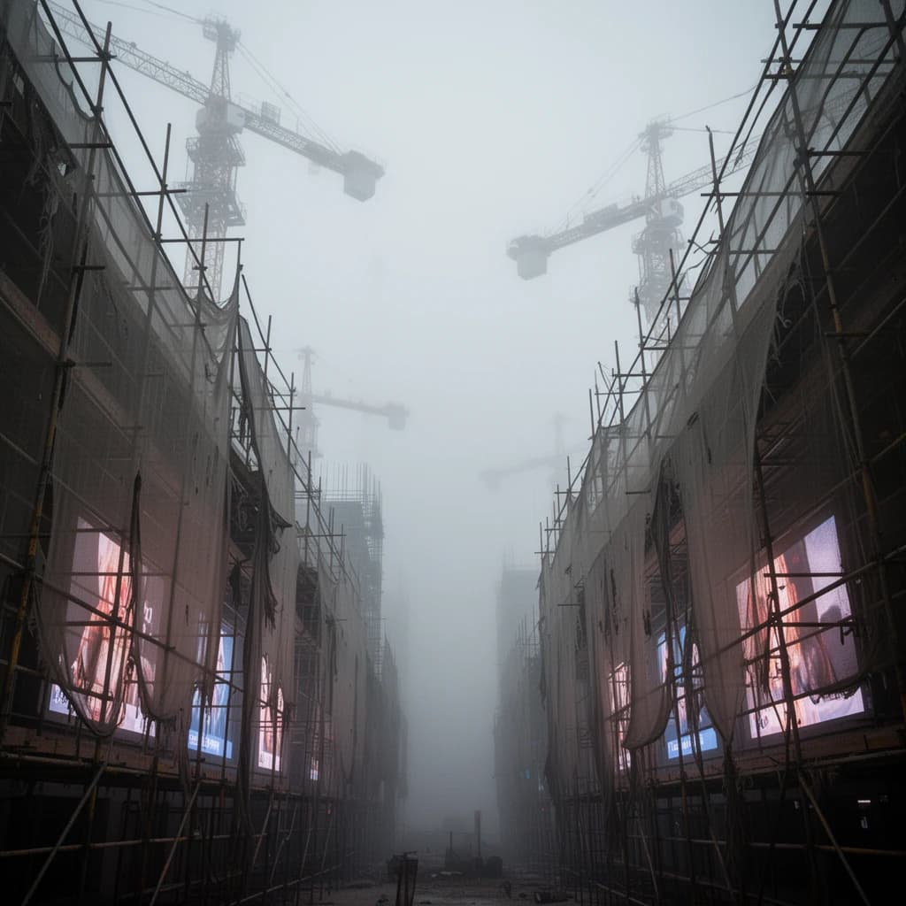 A construction site stretched upward into fog, cranes frozen in silhouette. Wind rattled scaffolding draped with torn mesh that glowed faintly from nearby billboards