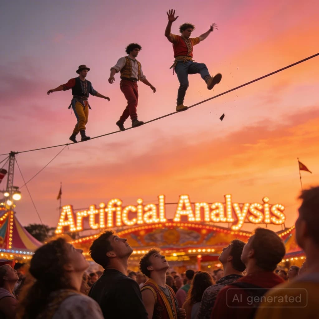 At dusk, high above a carnival crowd, three tightrope walkers balance on a single rope with no aids, one is off balance and grabbing at air. Below, the audience looks upward with baited anticipation. Artificial Analysis is spelled out in the background in carnival lights