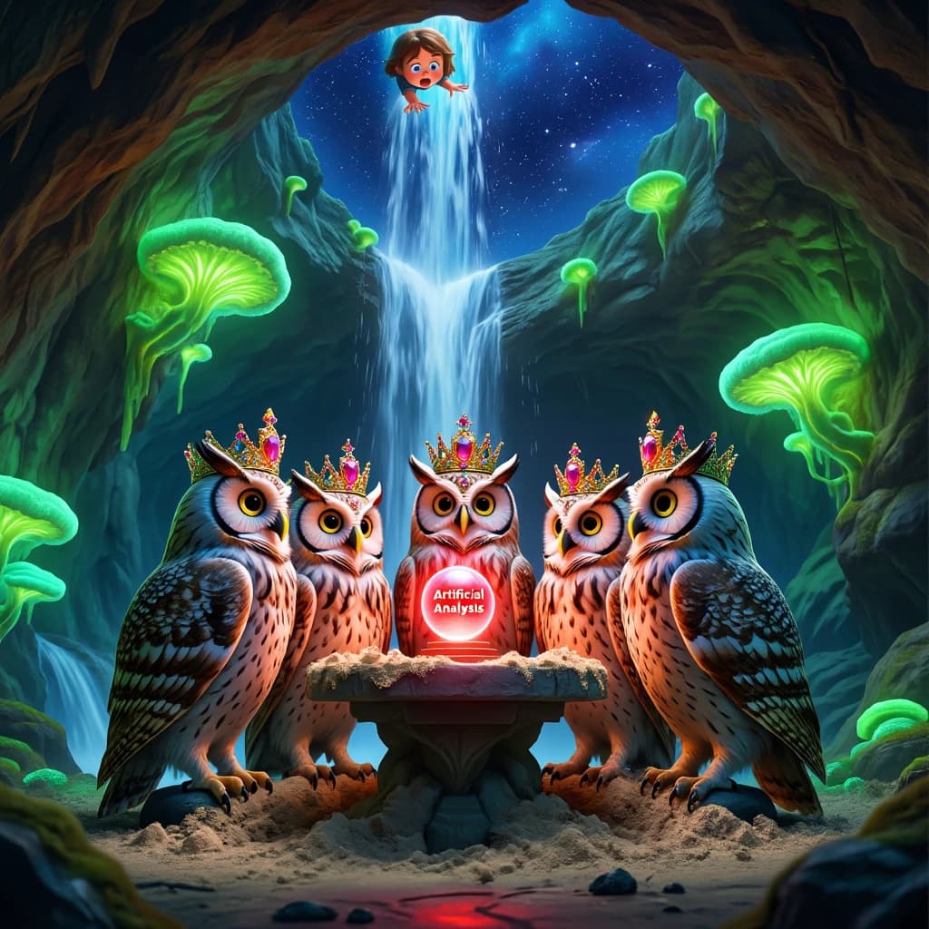 In a cavern lined with bioluminescent fungi glowing lime green, the council of owls wear jeweled crowns that glimmer with rubies, their wings folded behind their backs. Dust coats the stone table, a glowing orb inscribed with “Artificial Analysis” hovers above the table illuminating the owls with its red pulsating light. Behind them, a waterfall falls upward into a ceiling that opens onto stars - a child looks down in wonder from above at what he has stumbled across.