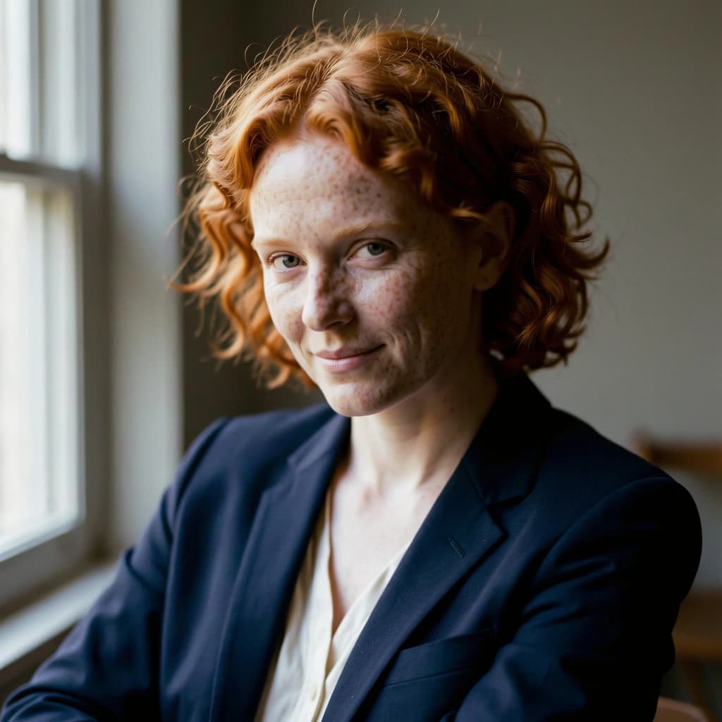 Capture a head-and-shoulders portrait of a freckled red-haired violinist in a navy blazer, soft window light, 85mm at f/1.8, gently smiling yet serious eyes, muted tones.