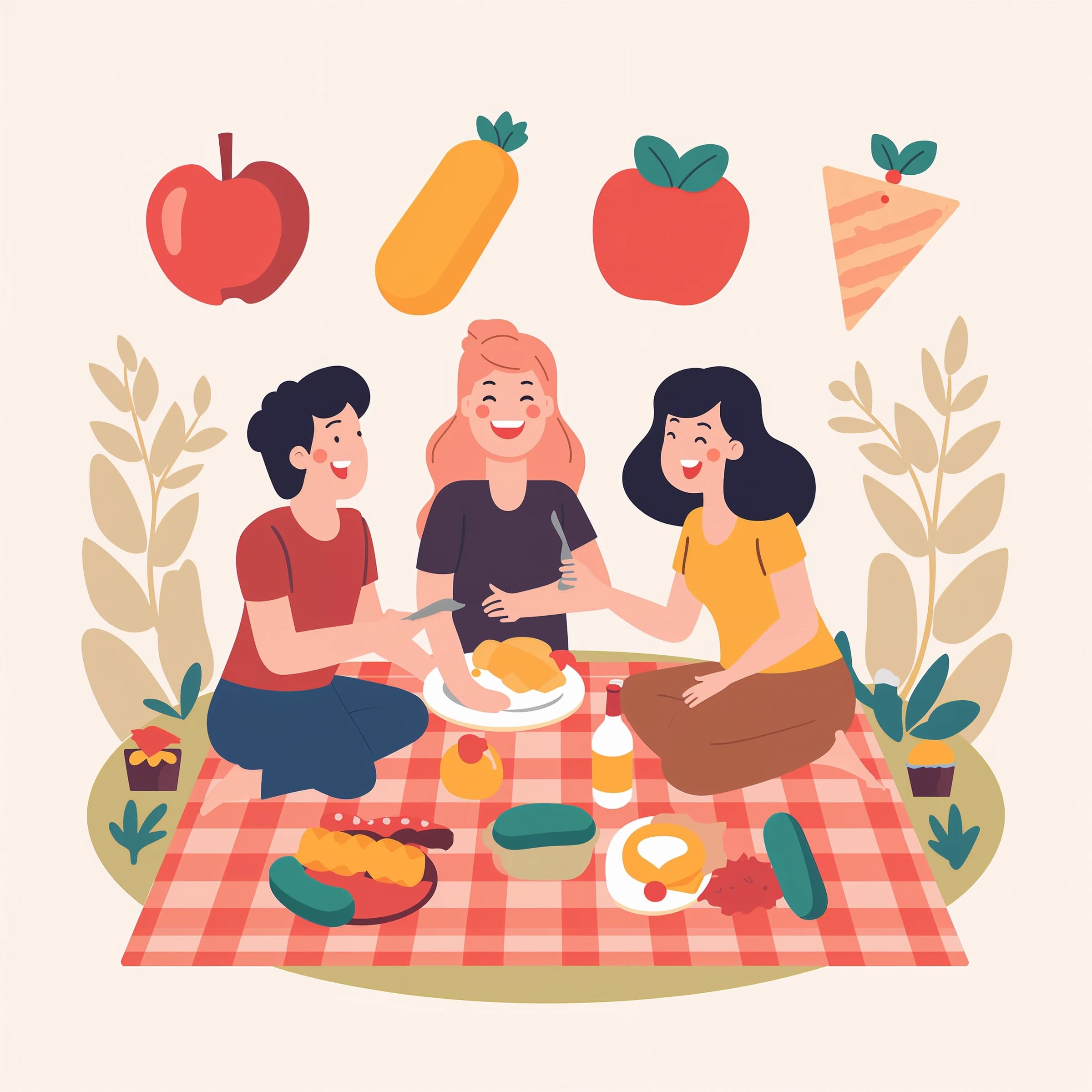 Flat vector picnic scene, friends laughing, oversized food icons, simple shapes.