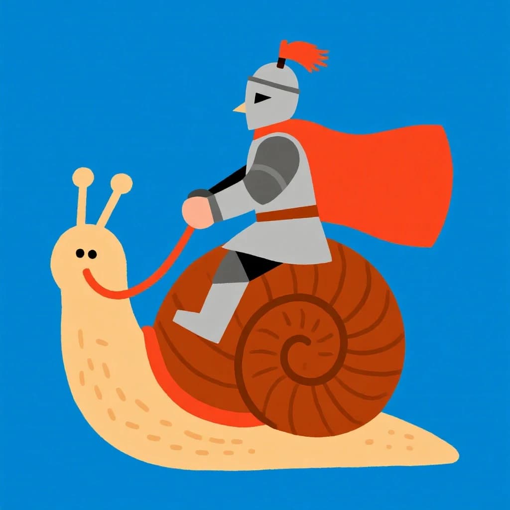 A knight rides a snail, bold lines, flat color.