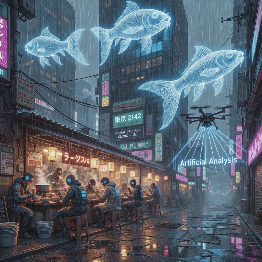 A neon alley in Neo-Tokyo 2142 drips with rain Cybernetic patrons slurp ramen at a stall with their glowing implants humming with blue light. Three giant holographic koi hover 10 metres above the ground and swim across the skyline, one has clipped into a building. A six-prop drone hovers nearby, projecting "Artificial Analysis" onto a wall with blue laser beams visible