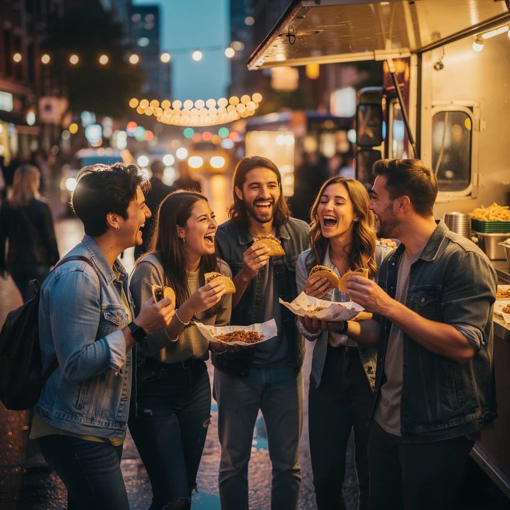 Friends laugh over street tacos at dusk, candid, shallow depth.