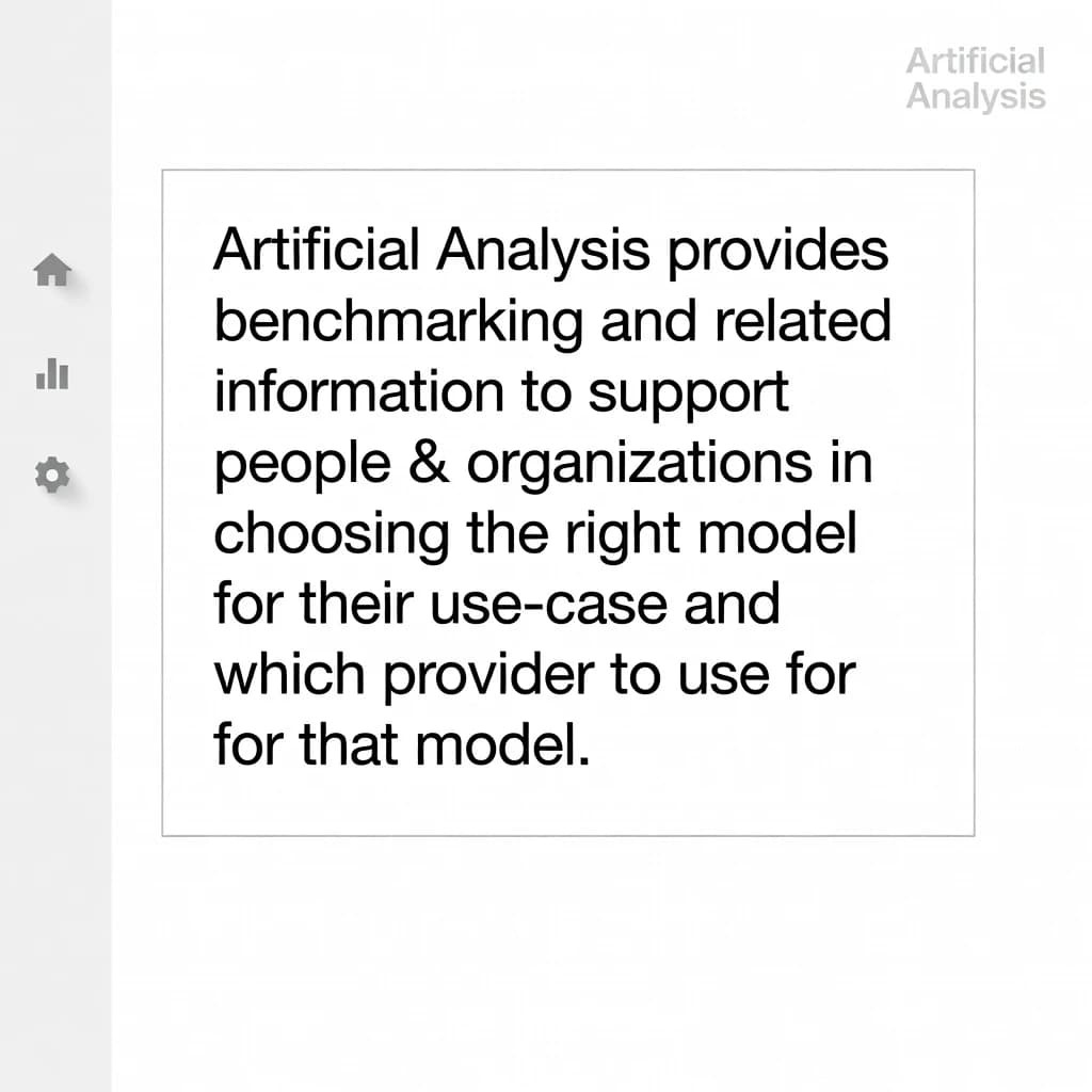 On a high-resolution dashboard mockup with a clean white background, display a centered text module in Helvetica Neue Regular, 18pt, black: “Artificial Analysis provides benchmarking and related information to support people & organizations in choosing the right model for their use-case and which provider to use for that model.” The text box is justified, but the final word wraps awkwardly onto its own line. To the left, a vertical navigation bar in light gray with three icons - home, chart, and settings - aligned evenly but casting misaligned shadows. In the upper right, the Artificial Analysis logo appears faintly, semi-transparent, watermarked over the corner of the interface.