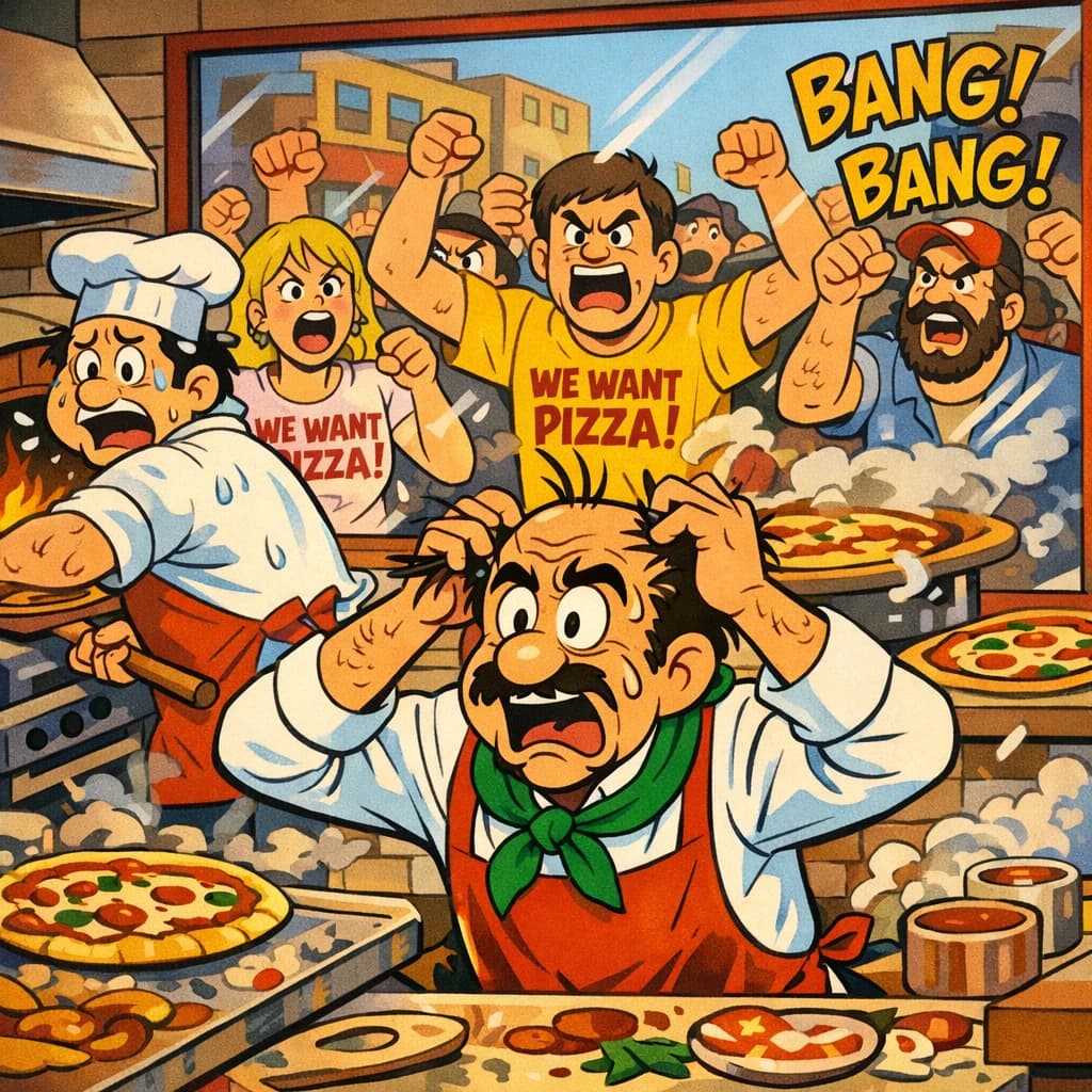 Pasquale is pulling his few remaining hairs out over a disaster at the pizzeria - the cooks are working as fast as they can but the crowds outside are swelling and they demand hot hot pizza! They are banging on the glass and some are wearing "we want pizza" shirts. 1980s western TV animation style.
