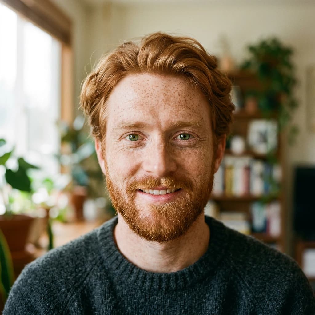 Shoot a natural light headshot of a red-haired man with freckles, green eyes.