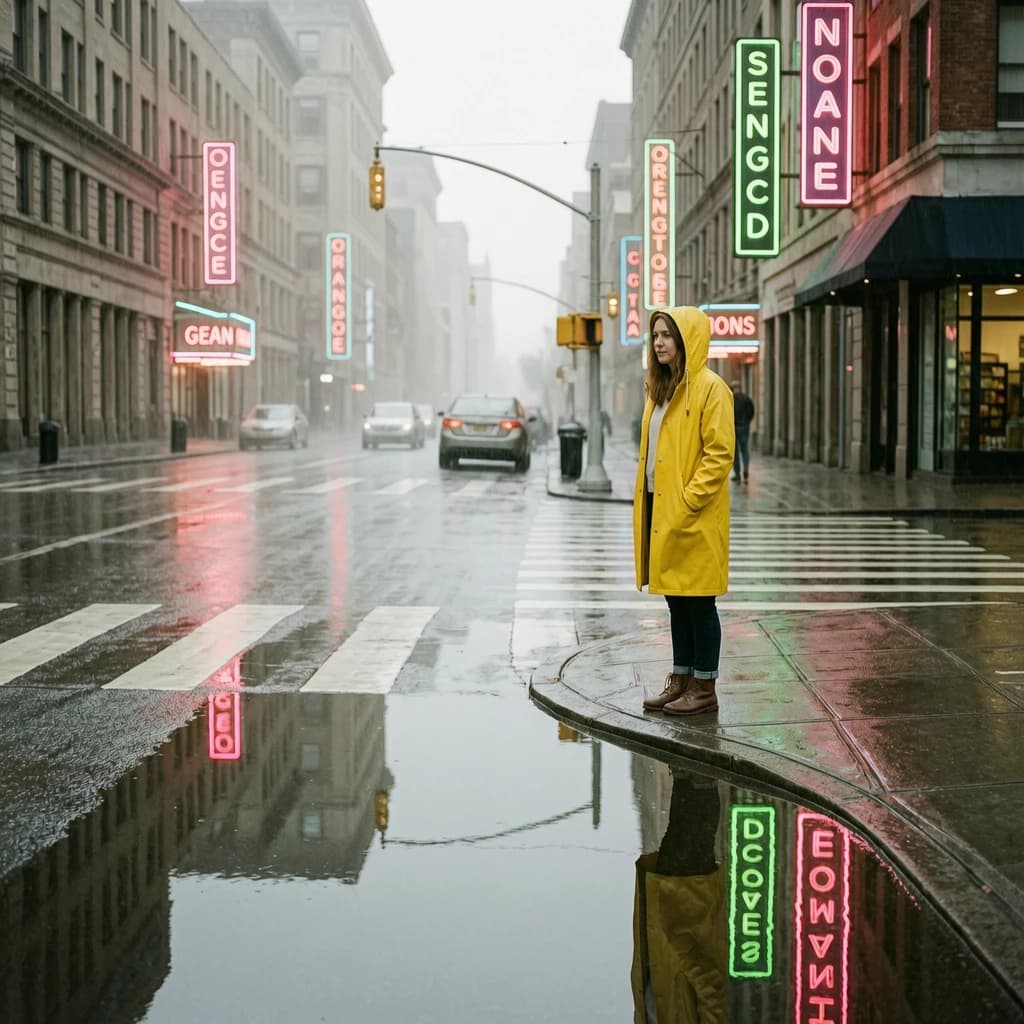 A sunlit city street after rain; puddles mirror neon signs as a woman in a yellow raincoat waits at a crosswalk, soft mist, 50mm look, natural tones, a bit of film grain.
