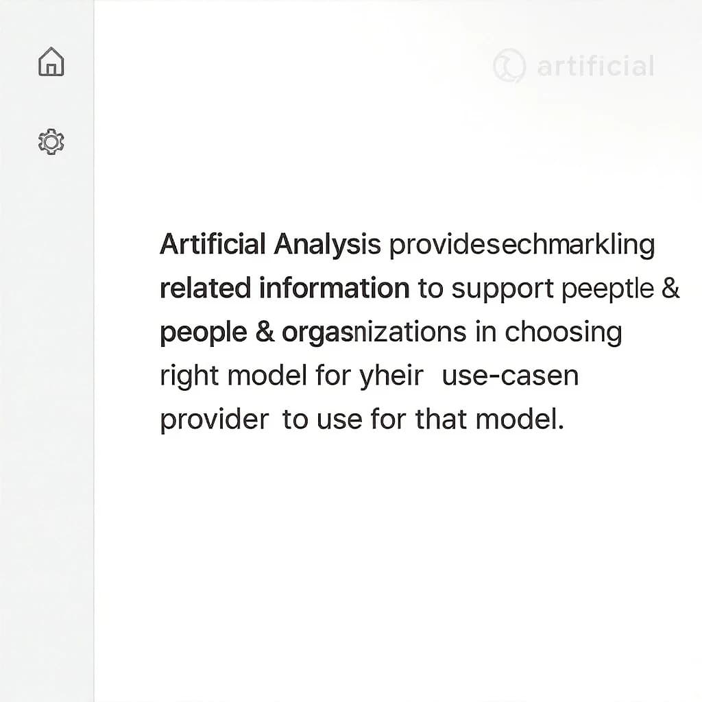 On a high-resolution dashboard mockup with a clean white background, display a centered text module in Helvetica Neue Regular, 18pt, black: “Artificial Analysis provides benchmarking and related information to support people & organizations in choosing the right model for their use-case and which provider to use for that model.” The text box is justified, but the final word wraps awkwardly onto its own line. To the left, a vertical navigation bar in light gray with three icons - home, chart, and settings - aligned evenly but casting misaligned shadows. In the upper right, the Artificial Analysis logo appears faintly, semi-transparent, watermarked over the corner of the interface.
